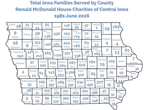 map of Ronald McDonald House Charities of Central Iowa Families Served